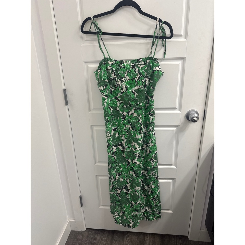 Free People Green Floral Linen Blend Tie Strap Midi Dress Size 8